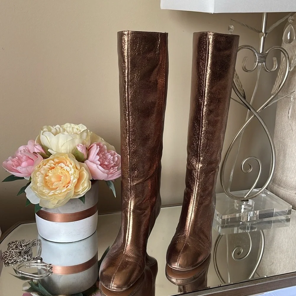 Zara Woman Metallic Kitten Heel Knee Boots Gold Bronze - Picture 3 of 15